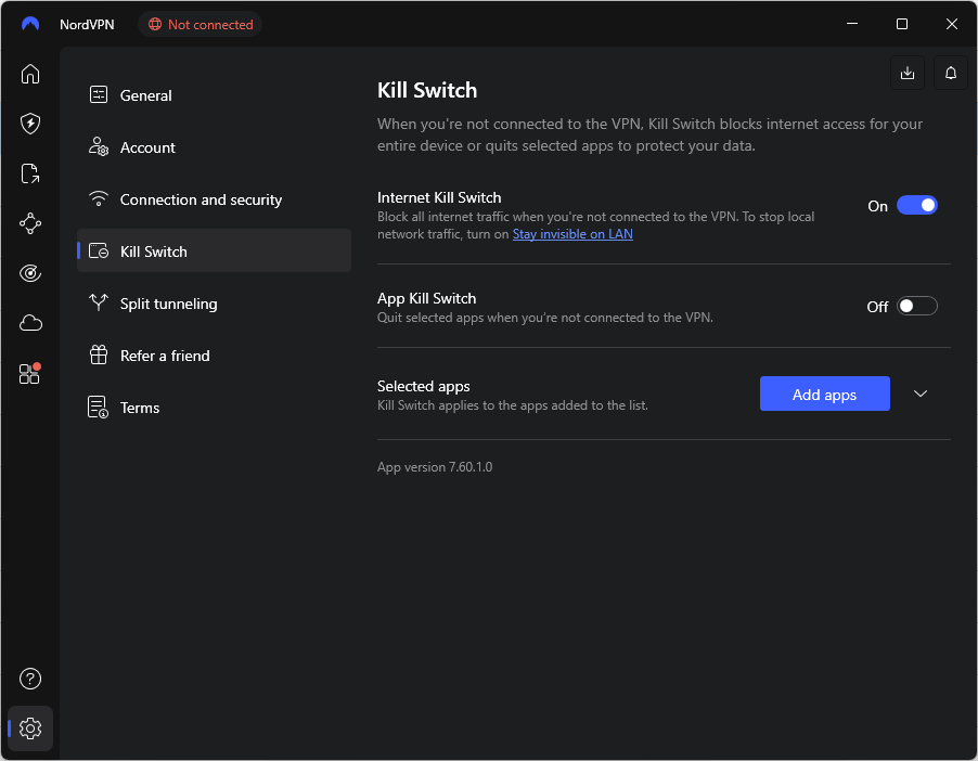 Where to find NordVPN's kill switch setting