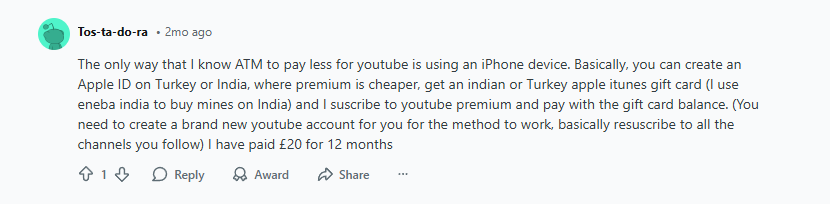 Reddit user on changing Apple ID address to get cheaper YouTube Premium