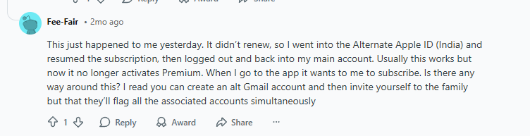Reddit user struggles to get cheaper YouTube Premium after changing Apple ID address