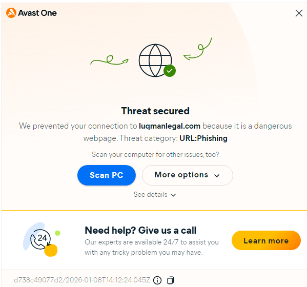 Avast One phishing alerts during testing