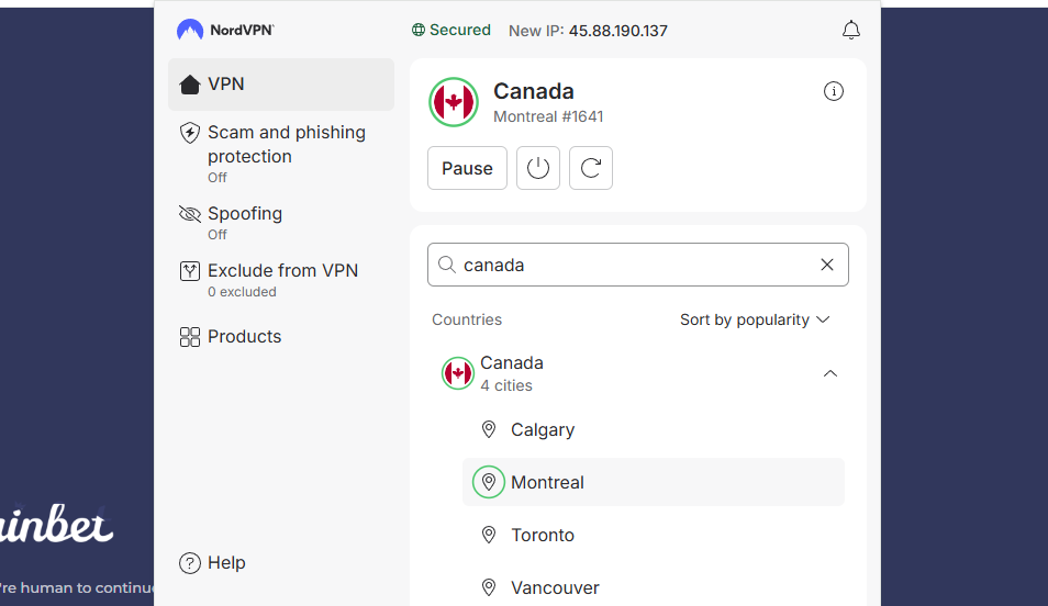 NordVPN servers in Rainbet legal country