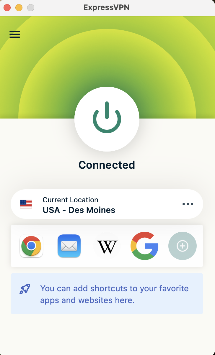 ExpressVPN connected to Iowa server.