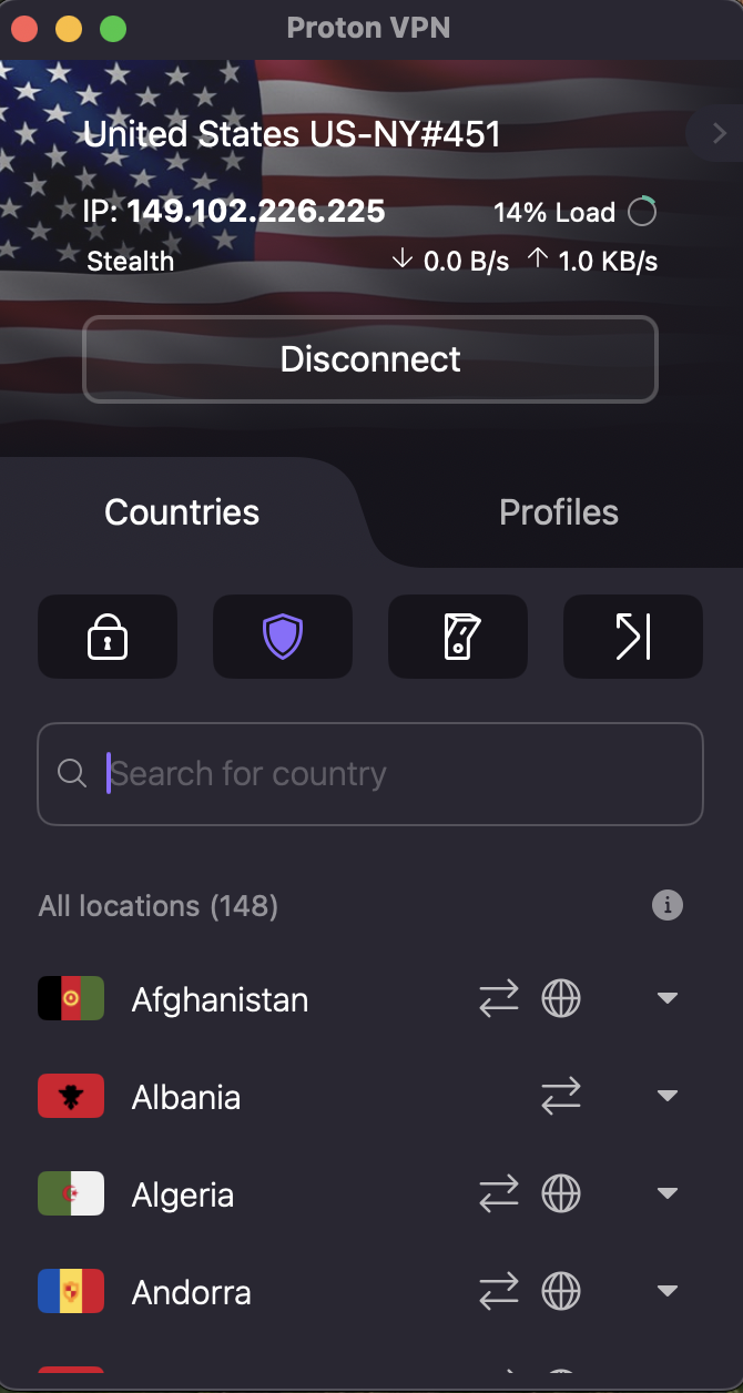 Proton VPN connected to the New York server.