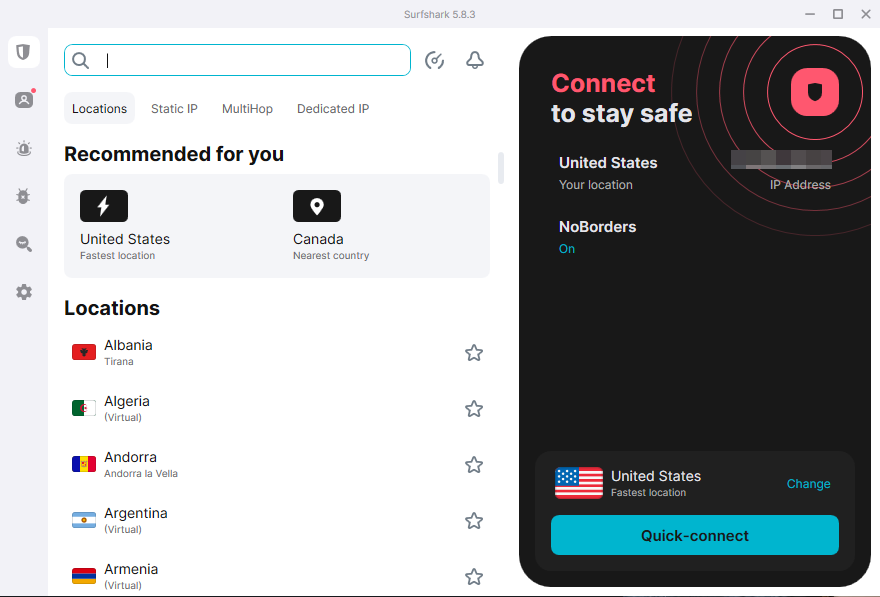 Surfshark app interface