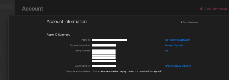 Account information on App Store
