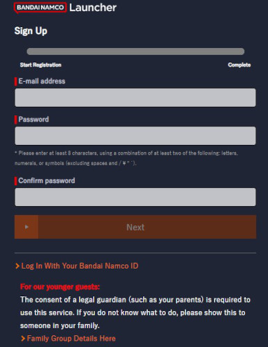Bandai Namco account creation screen