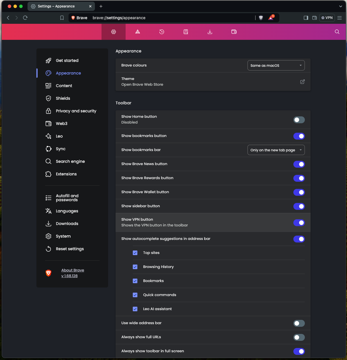 Appearance settings