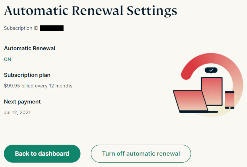 ExpressVPN automatic renewal settings screenshot