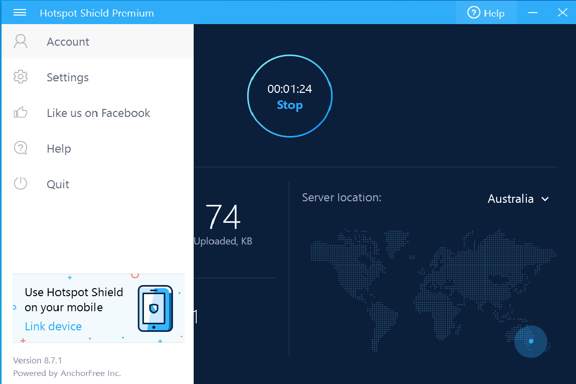 Hotspot Shield connecté à un serveur australien
