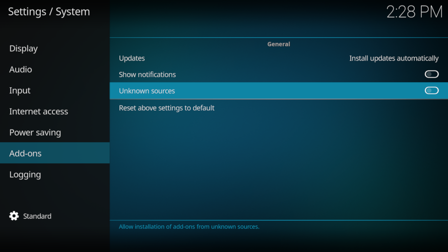 Kodi Menu section for Add-ons