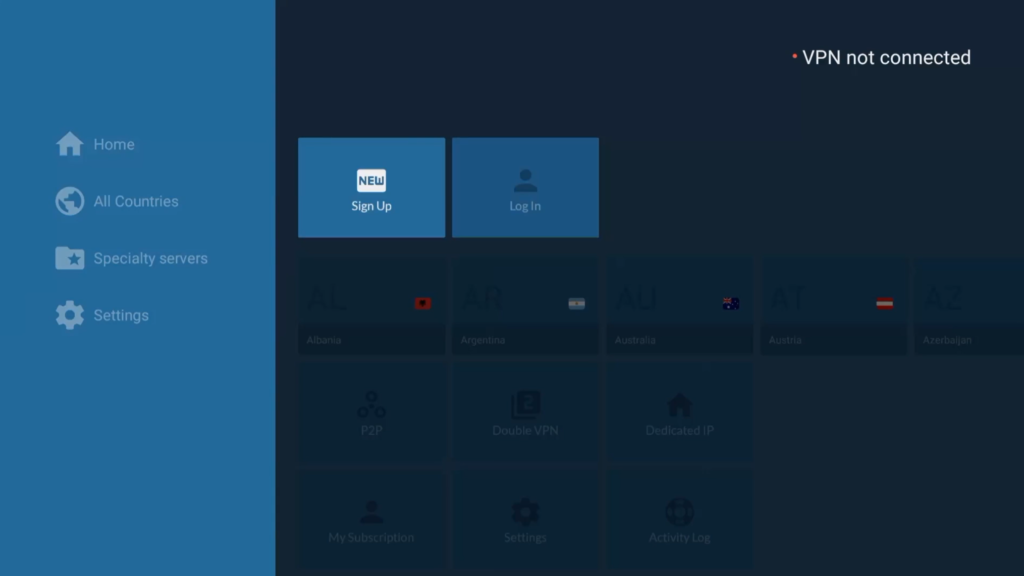 NordVPN login screen in the Firestick app