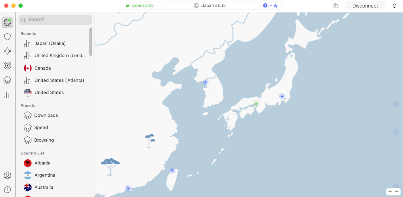 NordVPN connnected to Japan