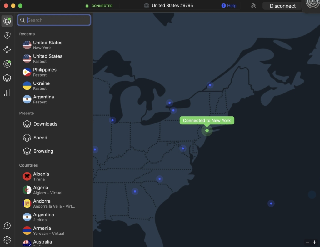 NordVPN connected to NY server