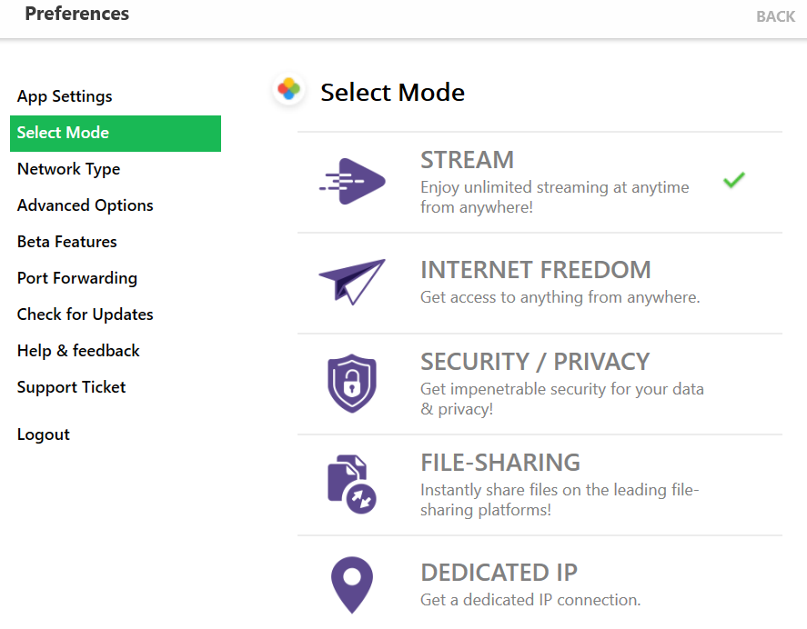 PureVPN preference options
