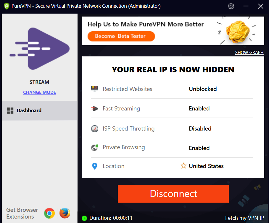PureVPN indique lorsque l'IP de l'utilisateur est cachée