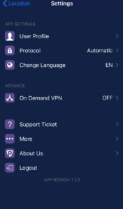 PureVPN réglages de l'application mobile