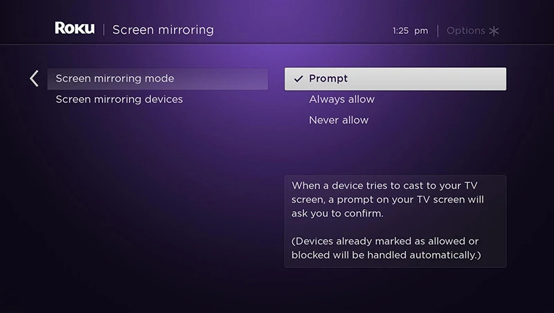 Roku screen mirroring toggle