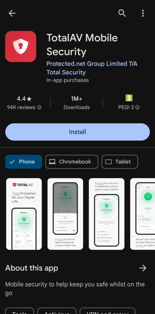 TotalAV Google play install to remove hacker from Android phone