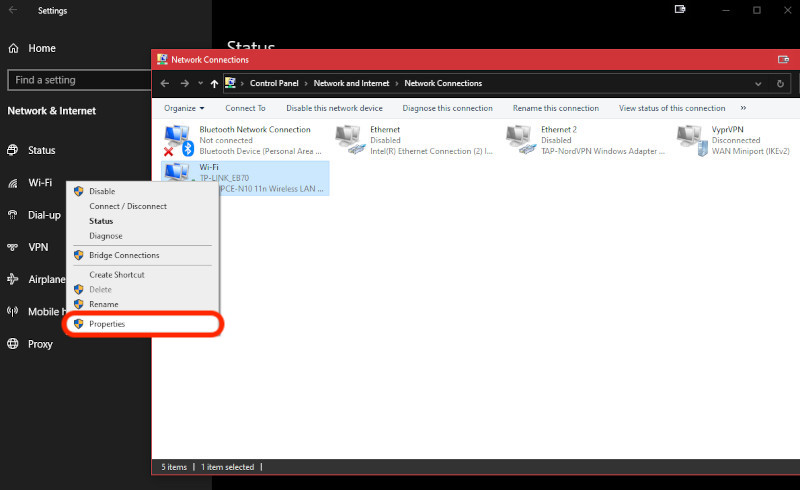 Windows network properties
