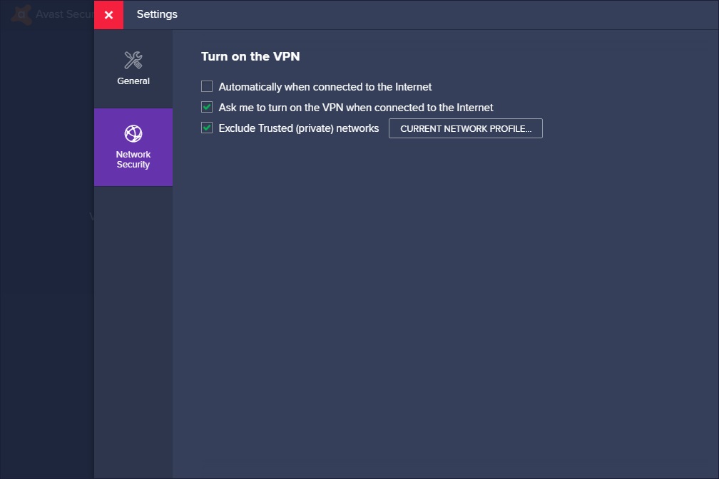 Ajustes de Seguridad de Red de Avast SecureLine VPN