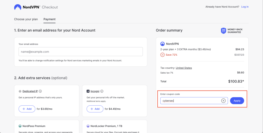 NordVPN enter coupon code