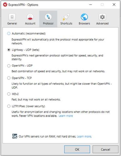 Menu protocoles ExpressVPN