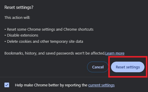 Confirm Chrome reset