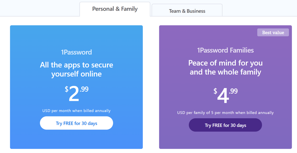 1Password pricing plans - Personal, Families