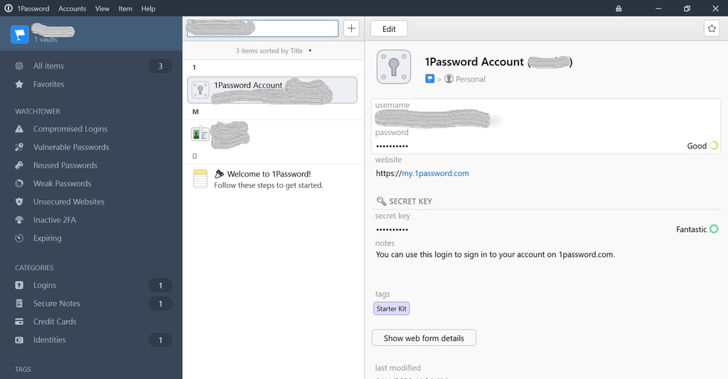 1Password Desktop app dashboard