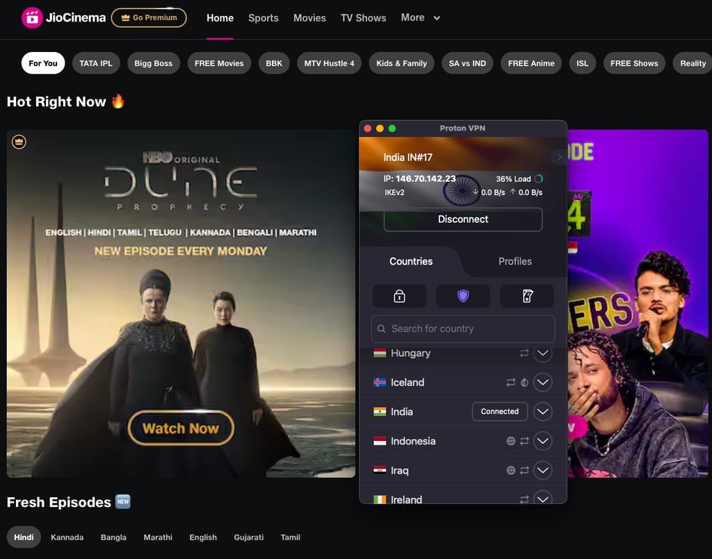 Jio Cinema with Proton VPN