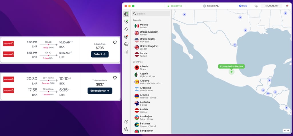Flight prices compared with and without NordVPN