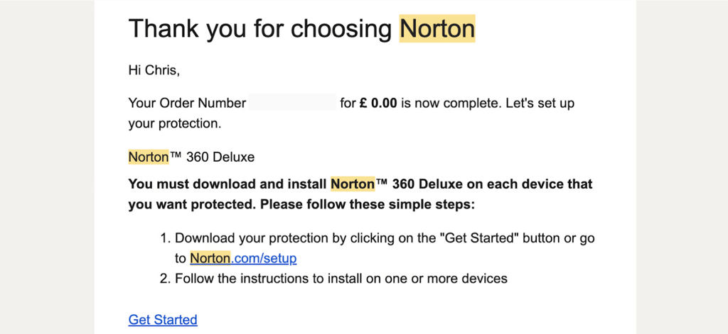 Norton confirmation email