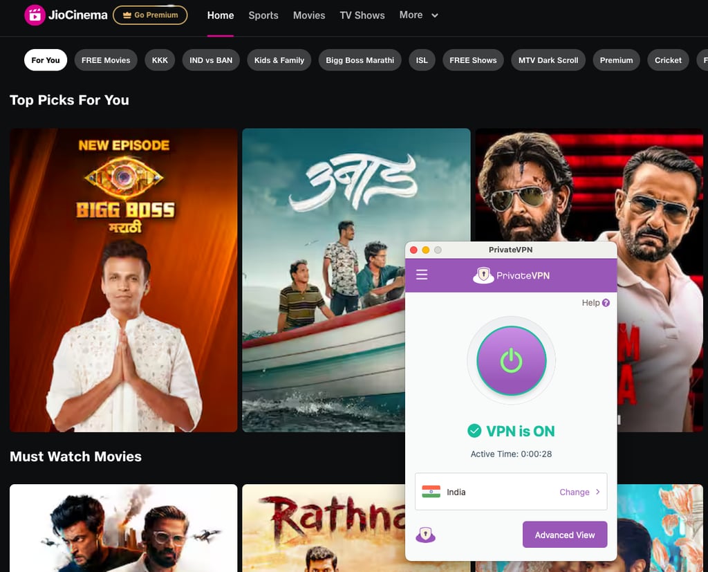 PrivateVPN unlocked Jioo Cinema