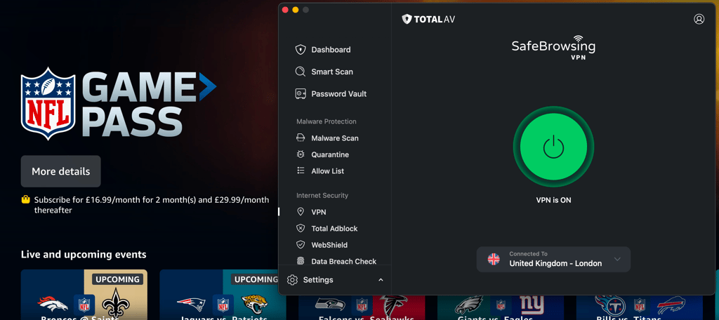 NFL on Amazon Prime UK with TotalVPN