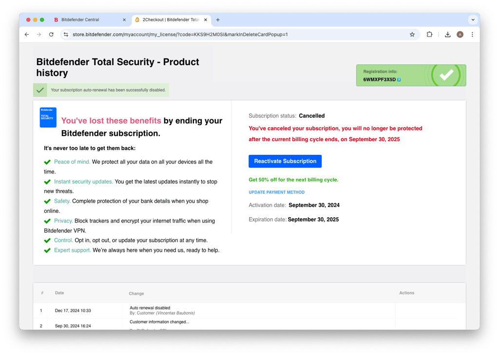 Bitdefender renewal cancellation success