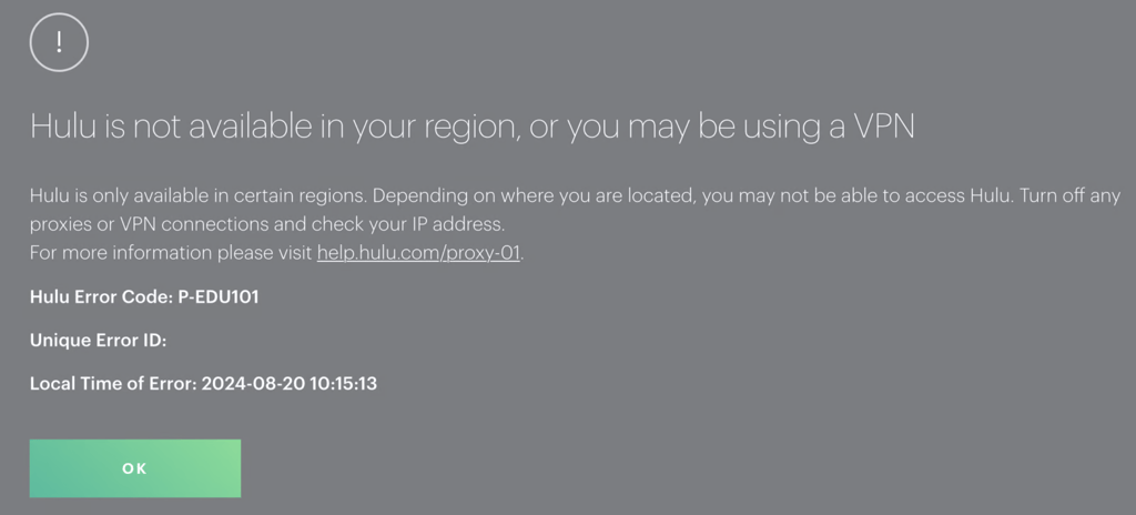 The error I got while trying to access Hulu in Australia without a VPN