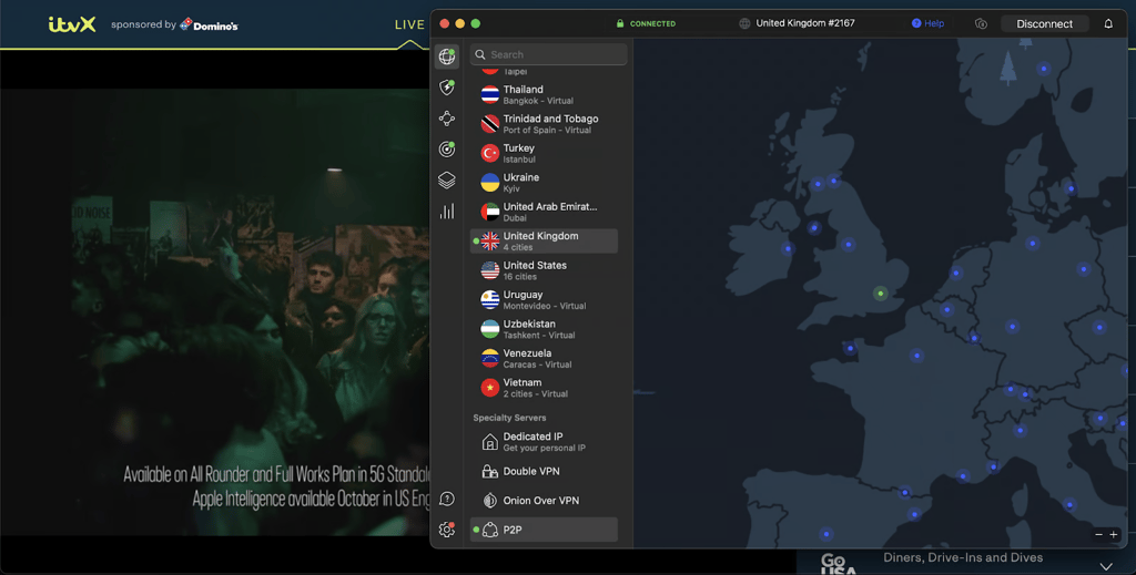 ITVX streaming through NordVPN connected to a UK server