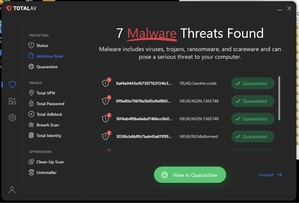 Malware found by TotalAV scan
