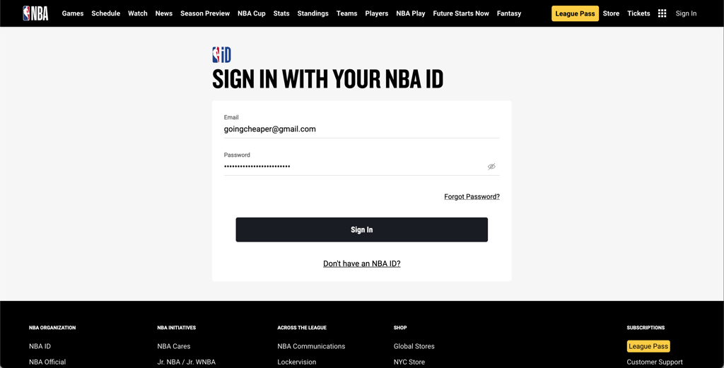 Sign in to NBA League Pass