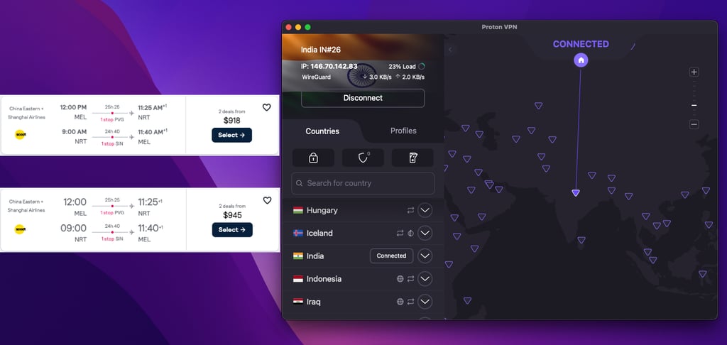 Flight prices compared with and without Proton VPN