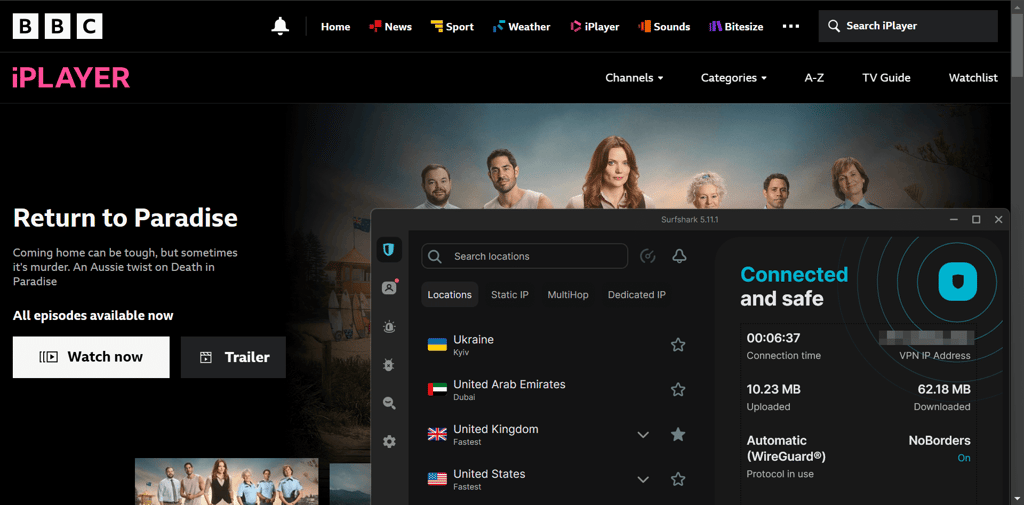 Surfshark accessing BBC iPlayer