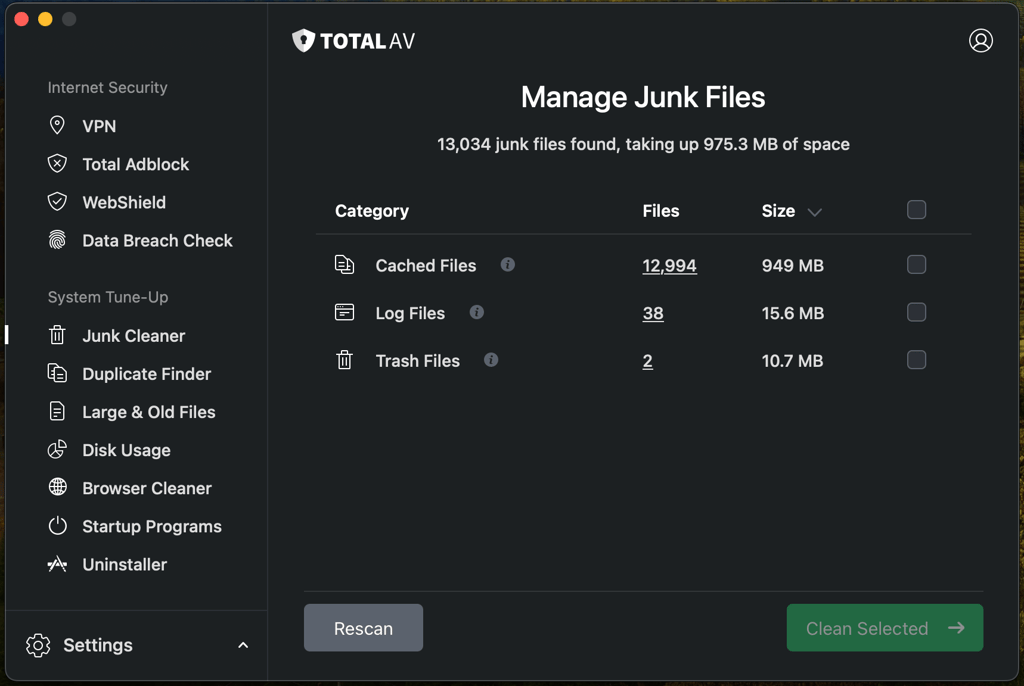 TotalAV removed almost 1GB of junk files