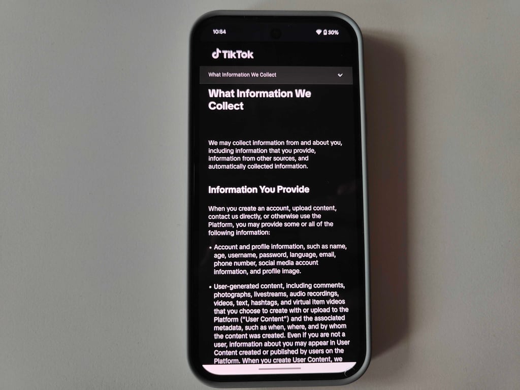 real-life photo of TikTok's privacy policy on iOS