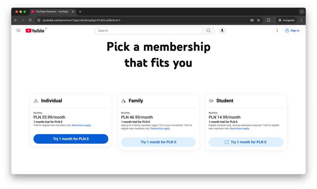 Poland YouTube Premium price