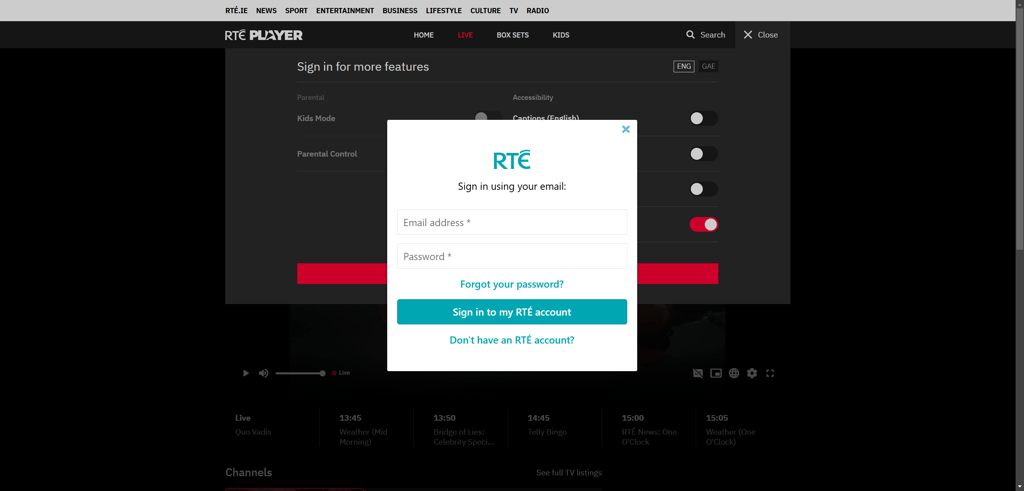 RTE Player's login page
