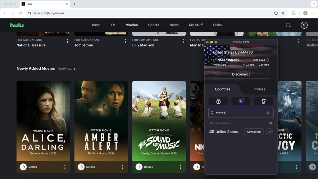 Unblocked Hulu with ProtonVPN's US server