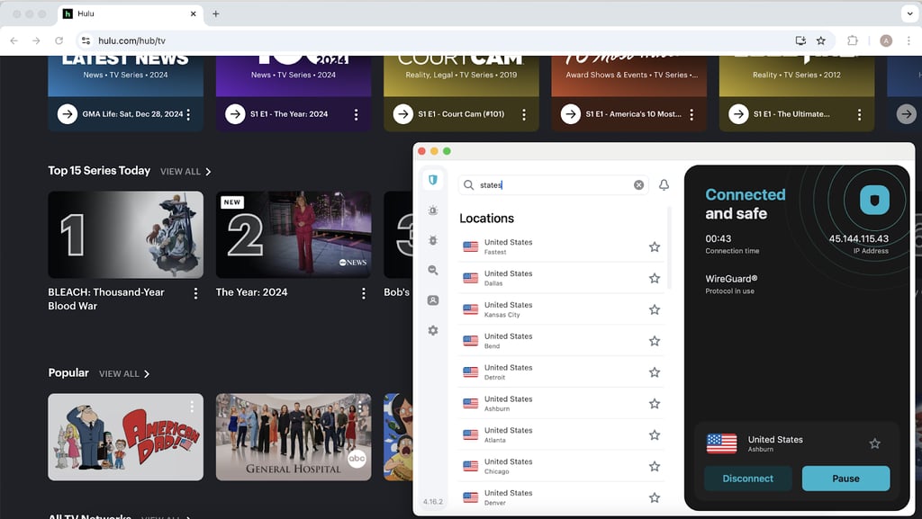 Hulu unblocked with Surfshark's US server