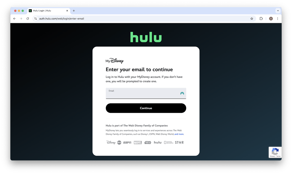 Hulu web login page on macOS