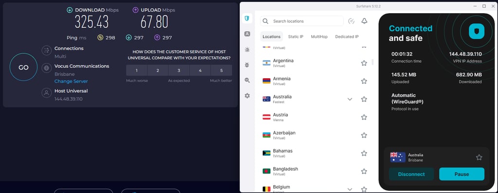 Surfshark speed results with Australian server