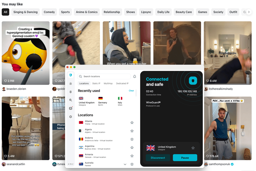 TikTok website unlocked with Surfshark on macOS connected to the UK